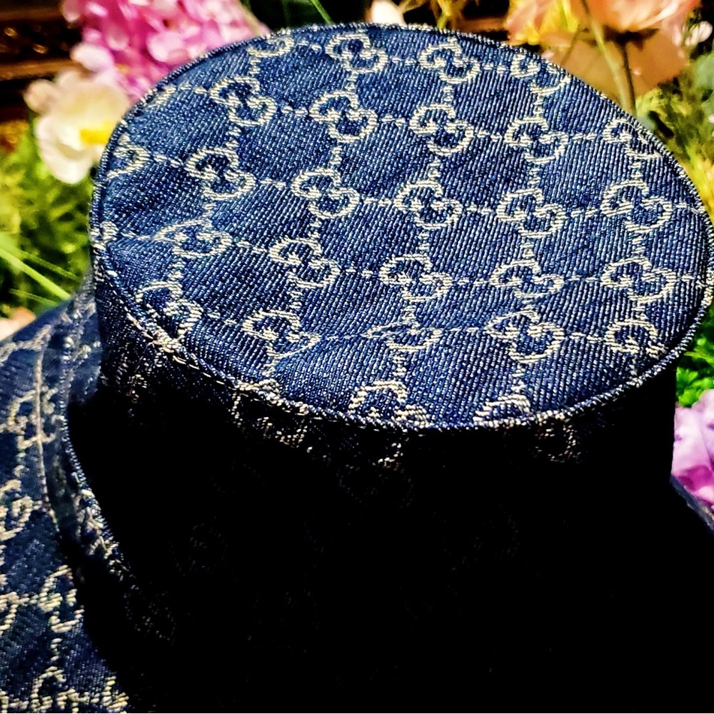 Denim Monogram Sun Coverage Beach Bucket Hat Wide Large Brim Jacquard Navy Blue - Picture 10 of 15